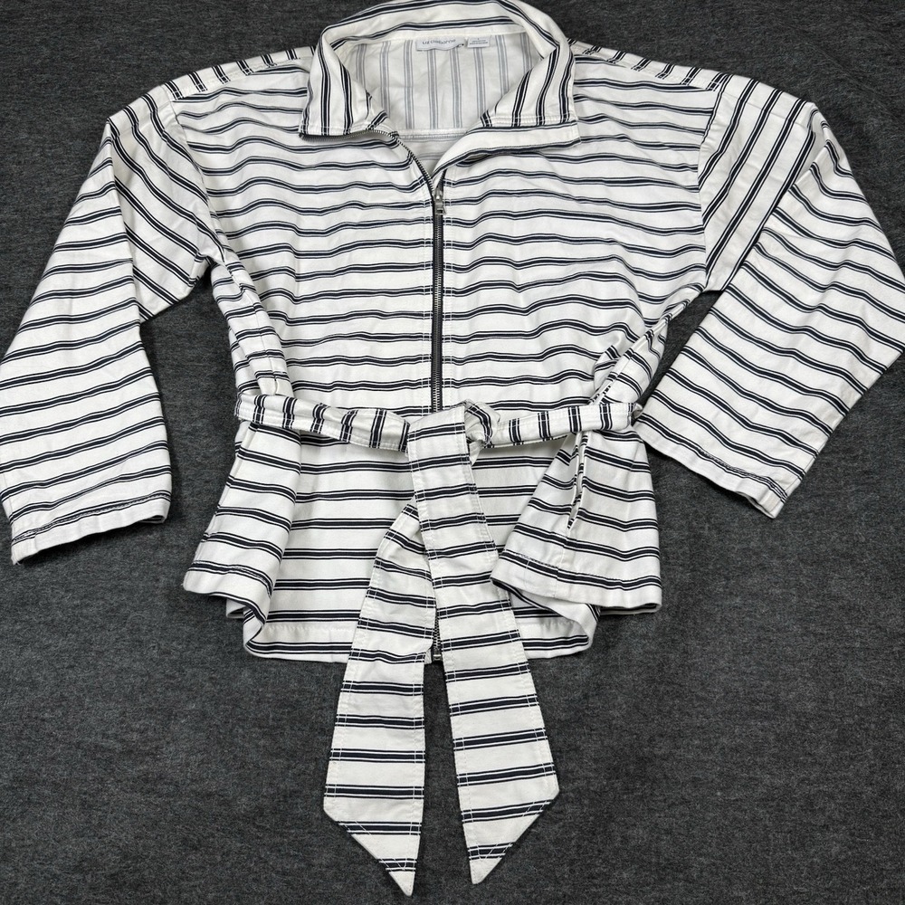 Liz Claiborne Striped Full Zip Belted Twill Jacket Size L White Navy Blue